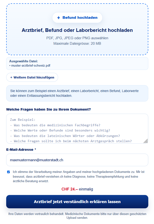 Formular zum Hochladen eines Arztbriefs auf arztbrief-verstehen.ch mit Feld für individuelle Fragen