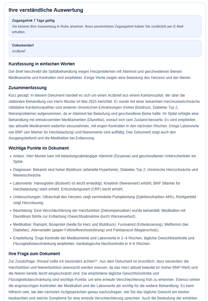 Beispielhafte verständliche Auswertung eines Arztbriefs mit Kurzfassung, Zusammenfassung und wichtigen Punkten