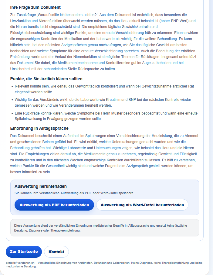 Beispielauswertung mit Beantwortung der individuellen Zusatzfrage und Download-Optionen als PDF oder Word