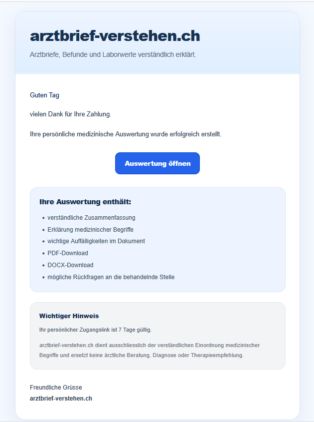 Beispiel einer Benachrichtigungs-E-Mail von arztbrief-verstehen.ch mit Link zur fertigen Auswertung